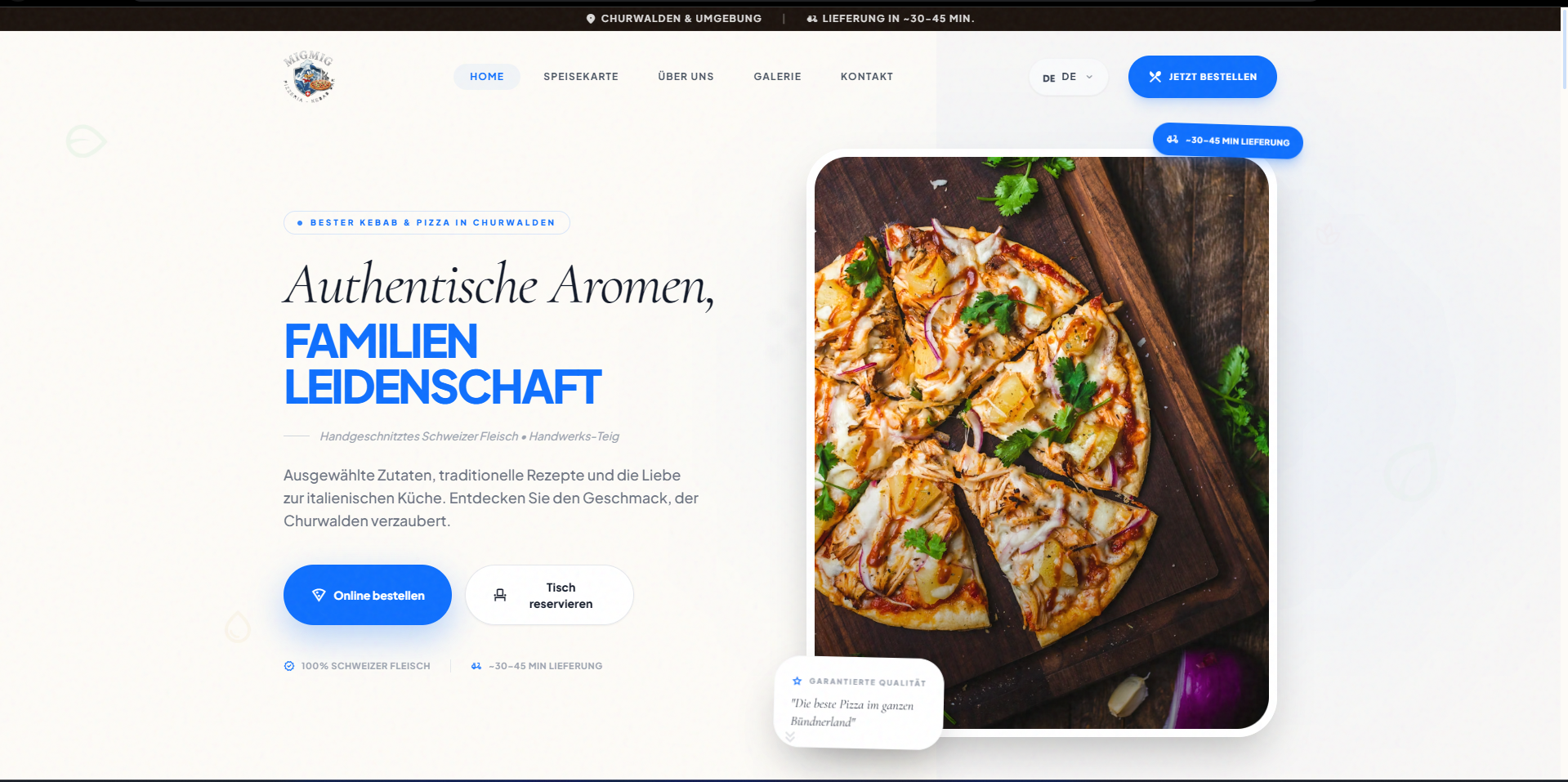 Mig Mig homepage hero with premium pizza showcase