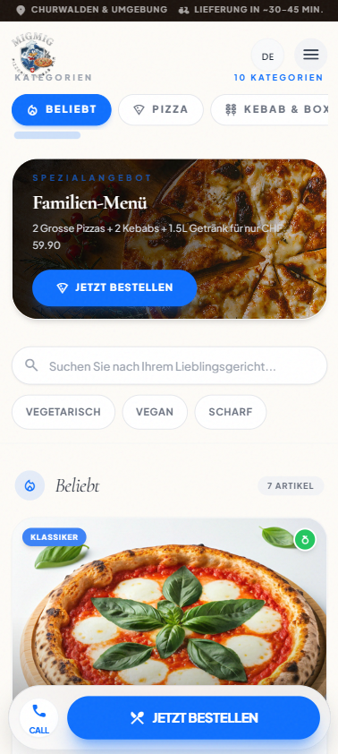 Mig Mig mobile menu with category navigation