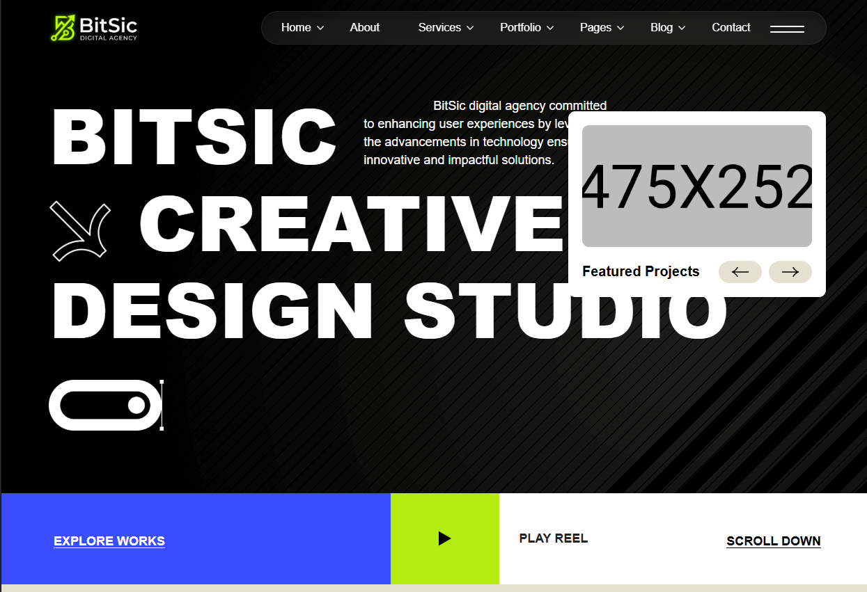 IMI Agency homepage with oversized creative studio typography and featured projects panel