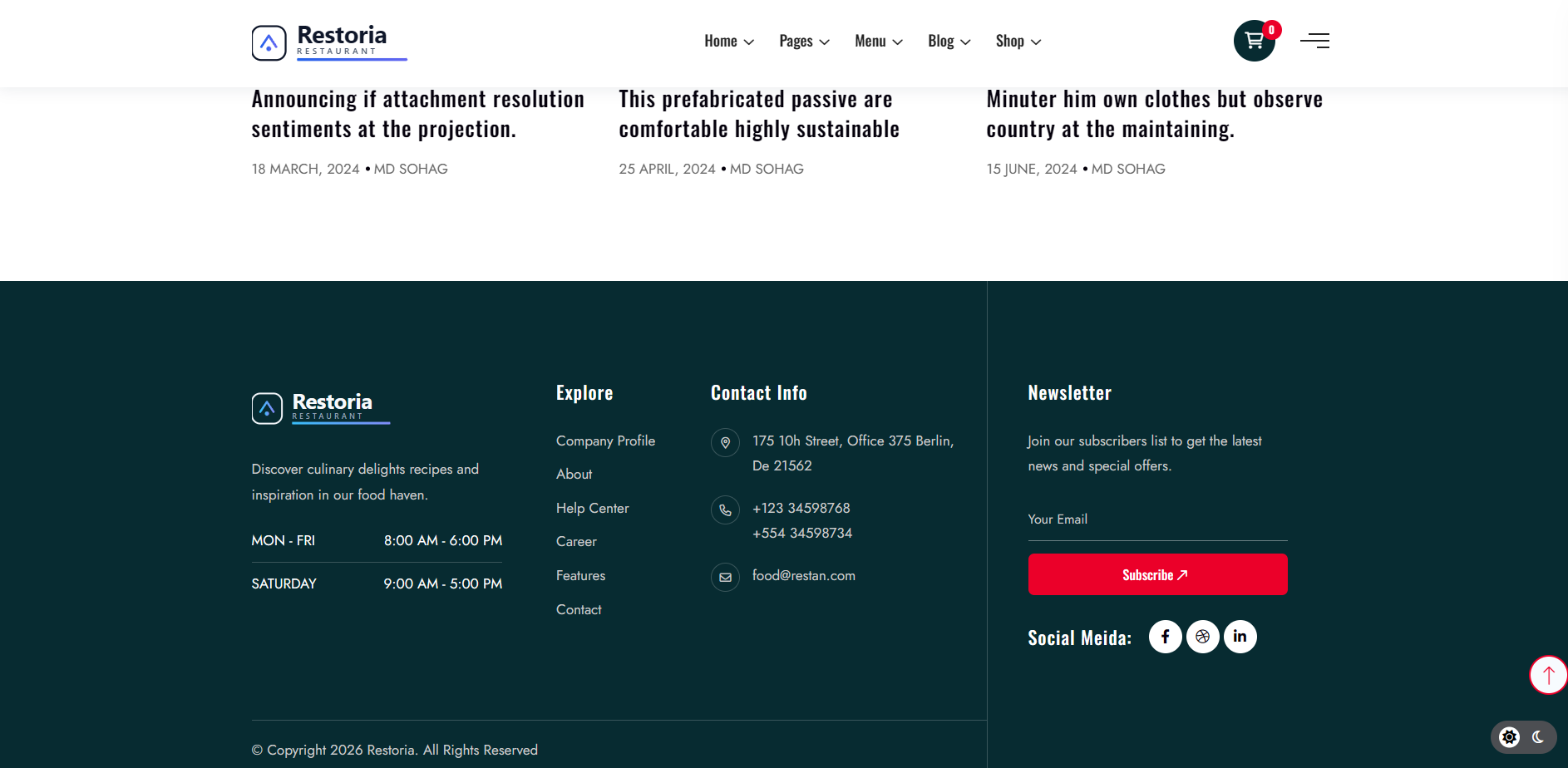 Restoria footer layout with contact information, newsletter, and operating hours
