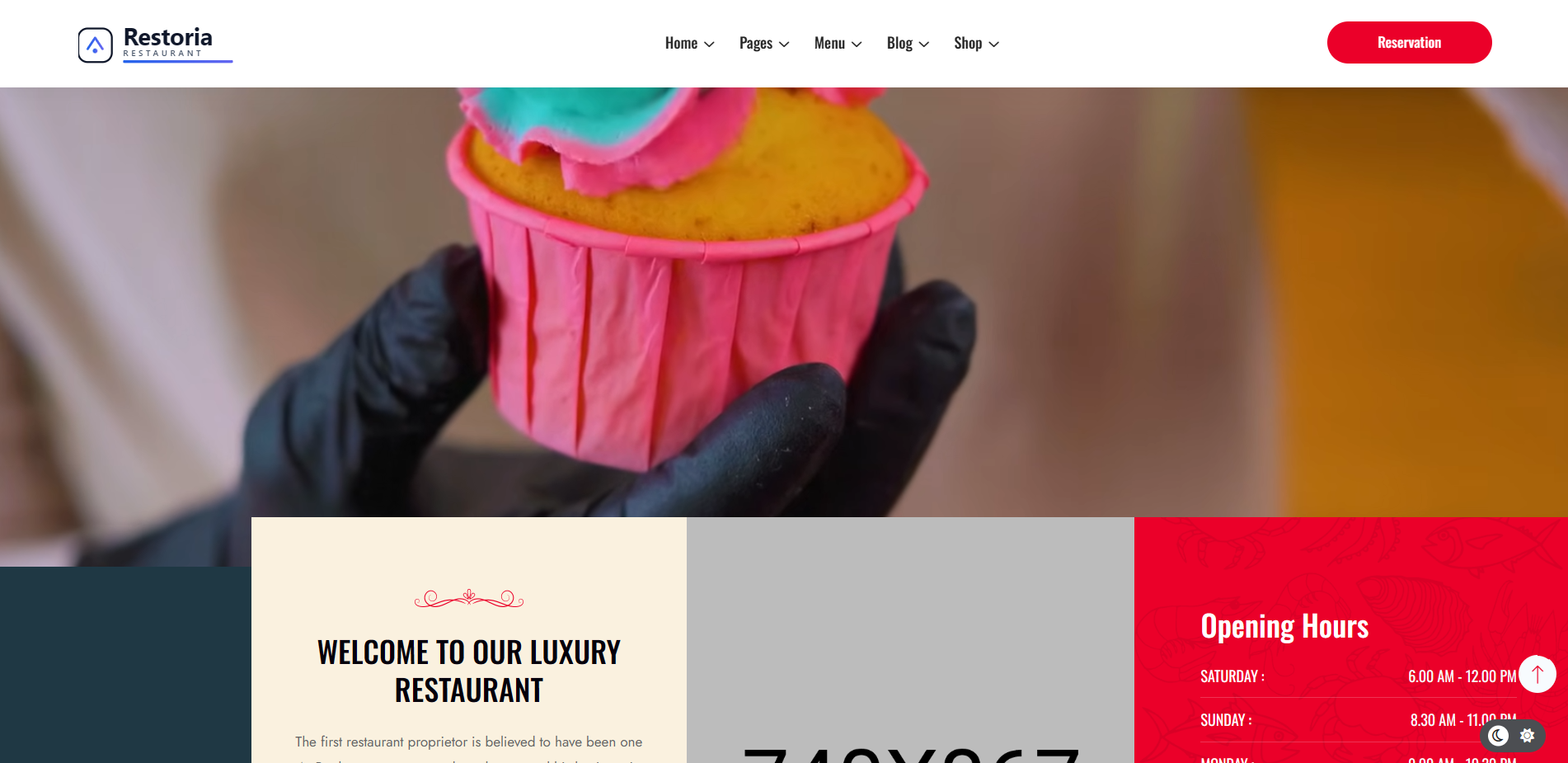 Restoria restaurant landing section with reservation CTA and editorial food photography