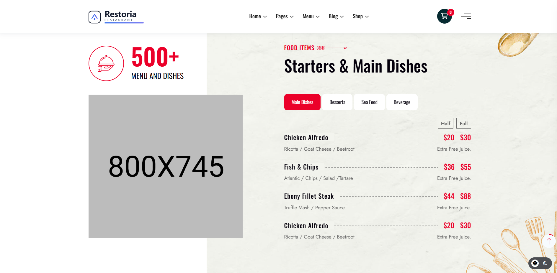 Restoria menu section with starters and main dishes, pricing tabs, and category navigation